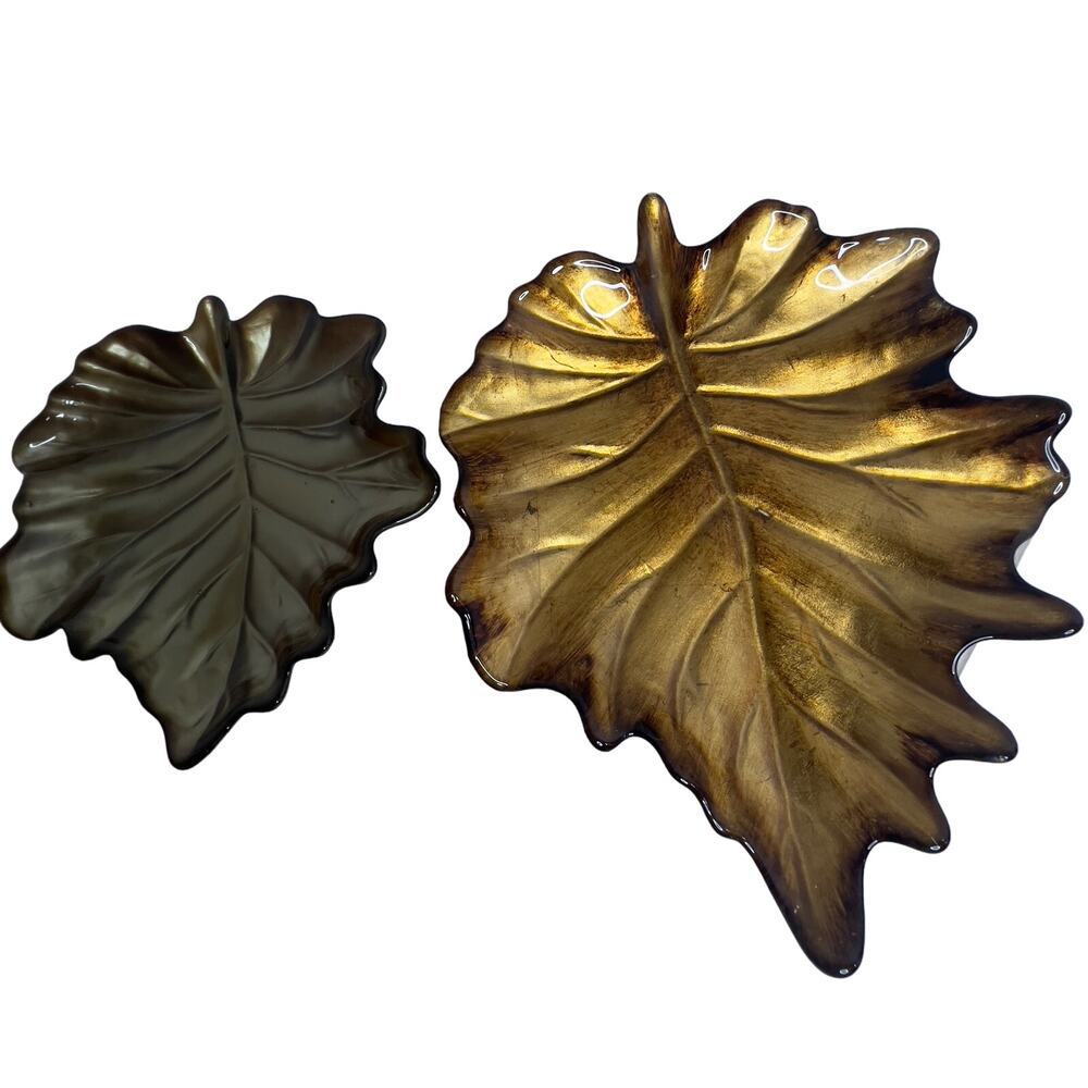 Gold & Shiny Brown Leaf Autumn Fall Decorative Display Trays Plates Set of 2